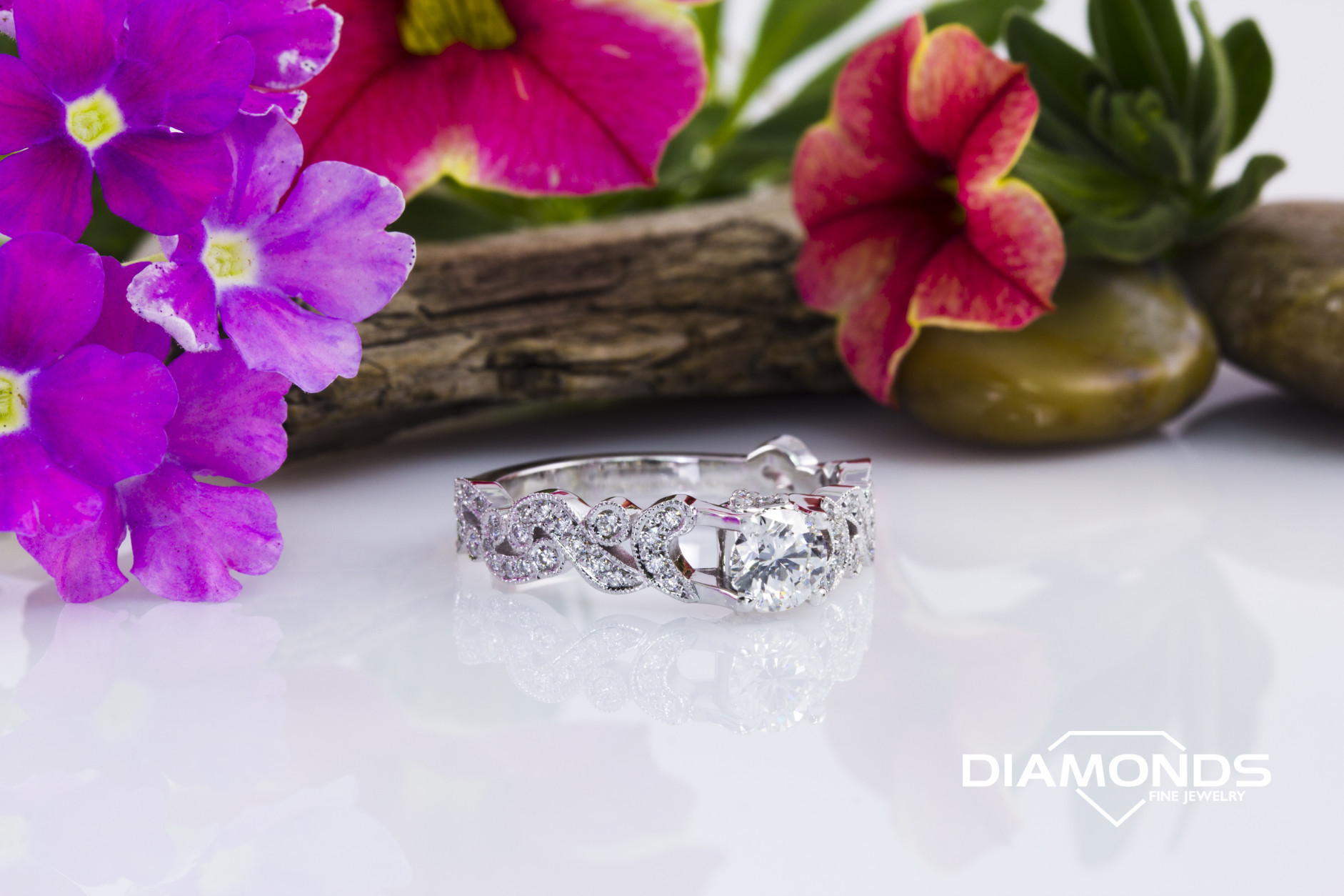 bezel, bright set, leafy, mather, milgrain, organic, round cut, travis, white gold