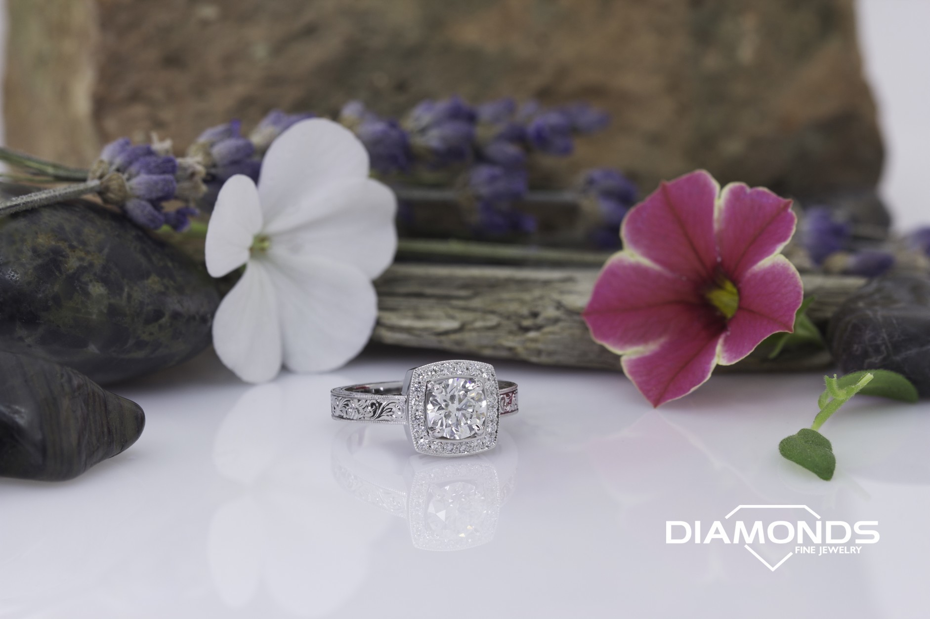 4 prong, cushion halo, diamond, engraved, milgrain, round cut, scallop, split prong, white gold