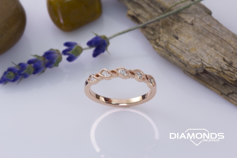 14k rose, diamond, diamond ring, higgenbothem, milgrain, organic, rose gold, round cut