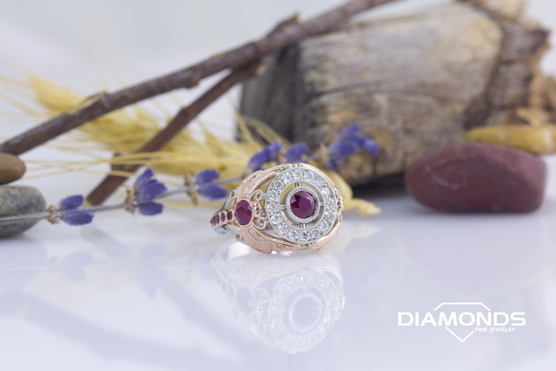 2 tone, bezel, bright set, diamond, dragon fly, filigre, halo, milgrain, rose gold, round cut, round halo, tapered shank, white gold