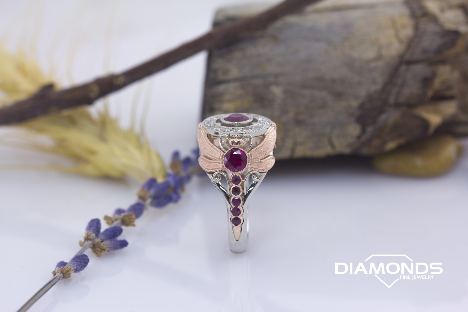 2 tone, bezel, bright set, diamond, dragon fly, filigre, halo, milgrain, rose gold, round cut, round halo, tapered shank, white gold