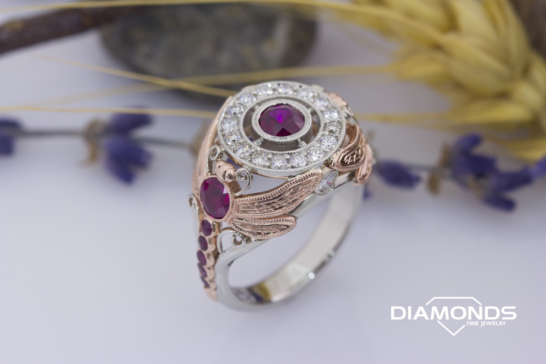 2 tone, bezel, bright set, diamond, dragon fly, filigre, halo, milgrain, rose gold, round cut, round halo, tapered shank, white gold