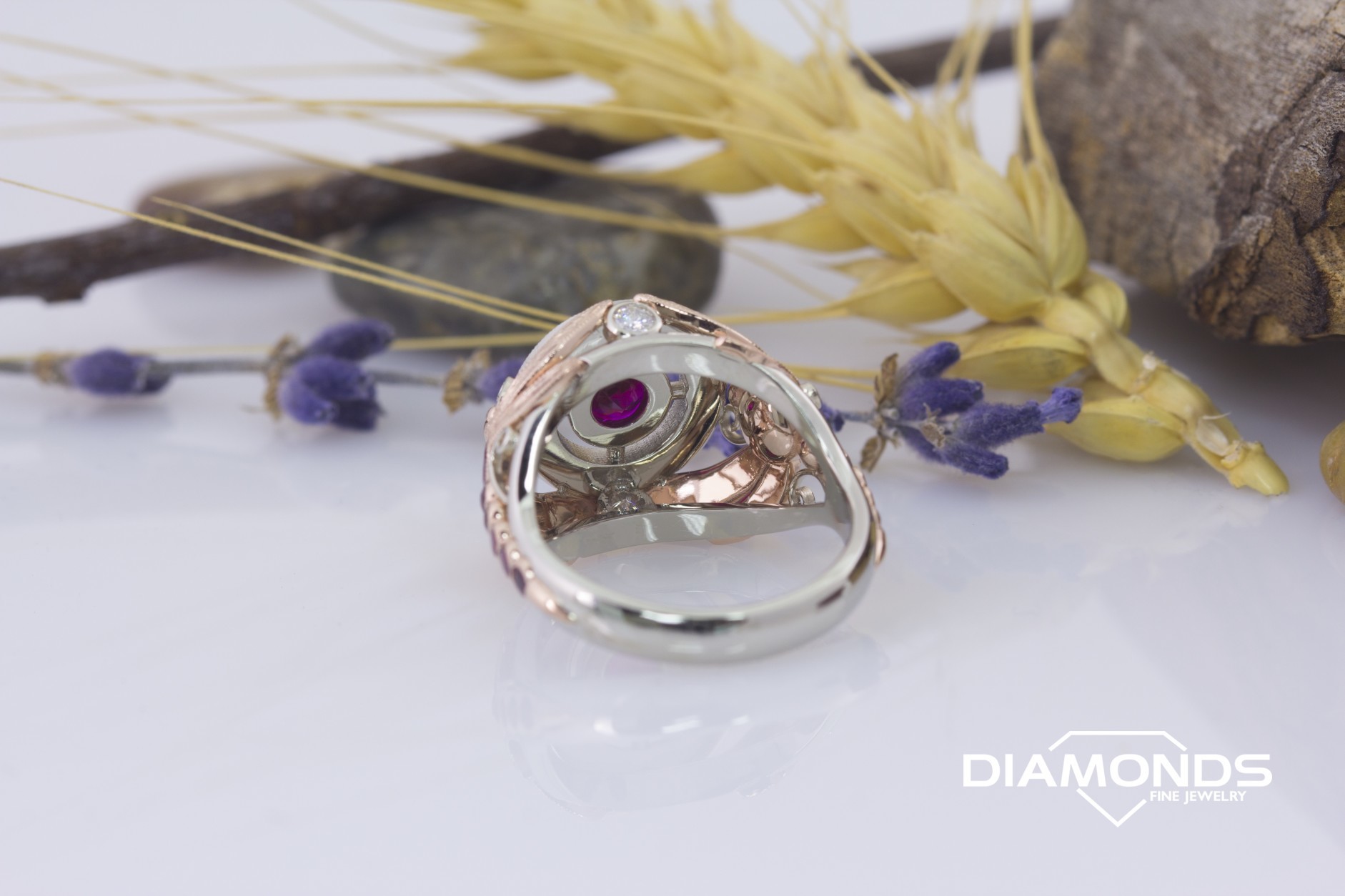 2 tone, bezel, bright set, diamond, dragon fly, filigre, halo, milgrain, rose gold, round cut, round halo, tapered shank, white gold