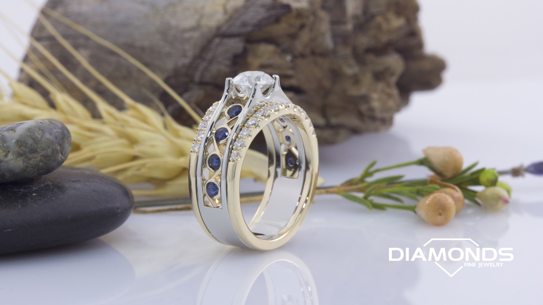 3 band, 4 prong, 14 yellow, 14k, diamond, fietsch, pierced, round, Sapphire, splt bead, swirl, two tone, wide band