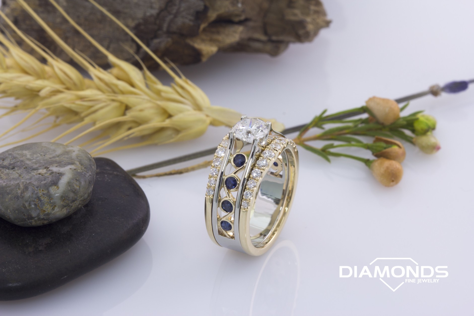 3 band, 4 prong, 14 yellow, 14k, diamond, fietsch, pierced, round, Sapphire, splt bead, swirl, two tone, wide band