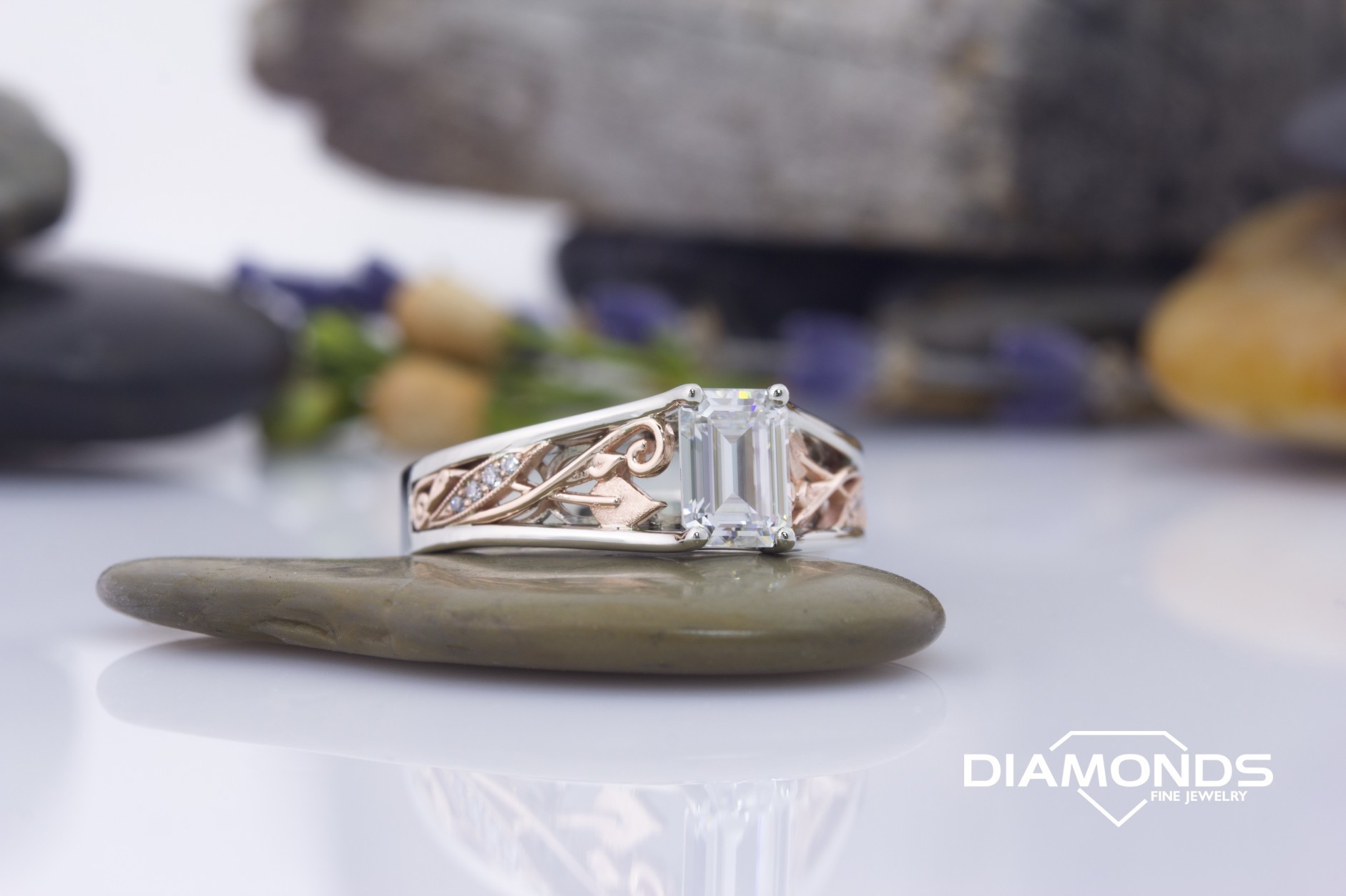 14 rose, 14k, bead set clark, emerald cut, Leaf, millgrain, scroll, splt shank, two tone