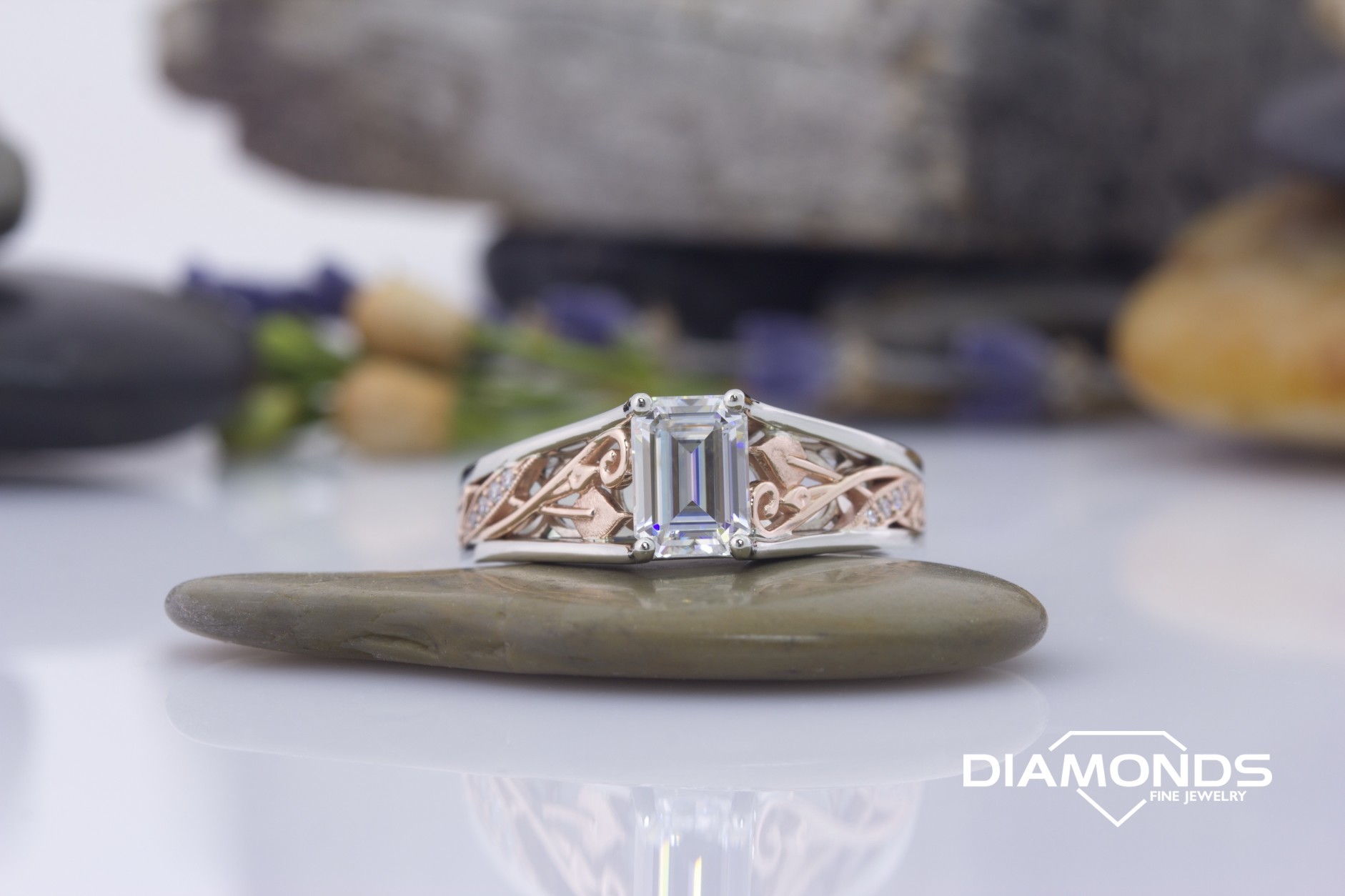 14 rose, 14k, bead set clark, emerald cut, Leaf, millgrain, scroll, splt shank, two tone