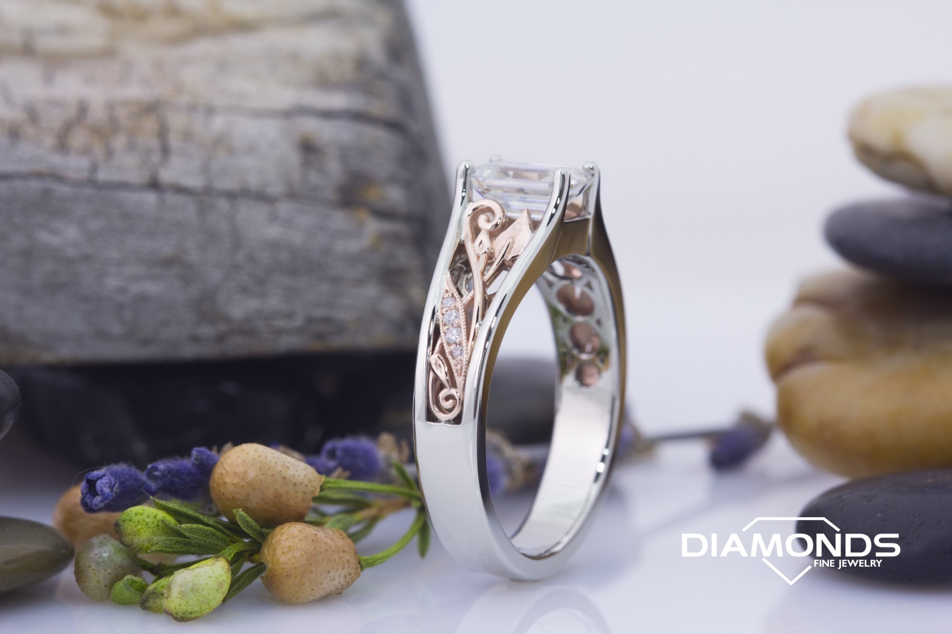 14 rose, 14k, bead set clark, emerald cut, Leaf, millgrain, scroll, splt shank, two tone