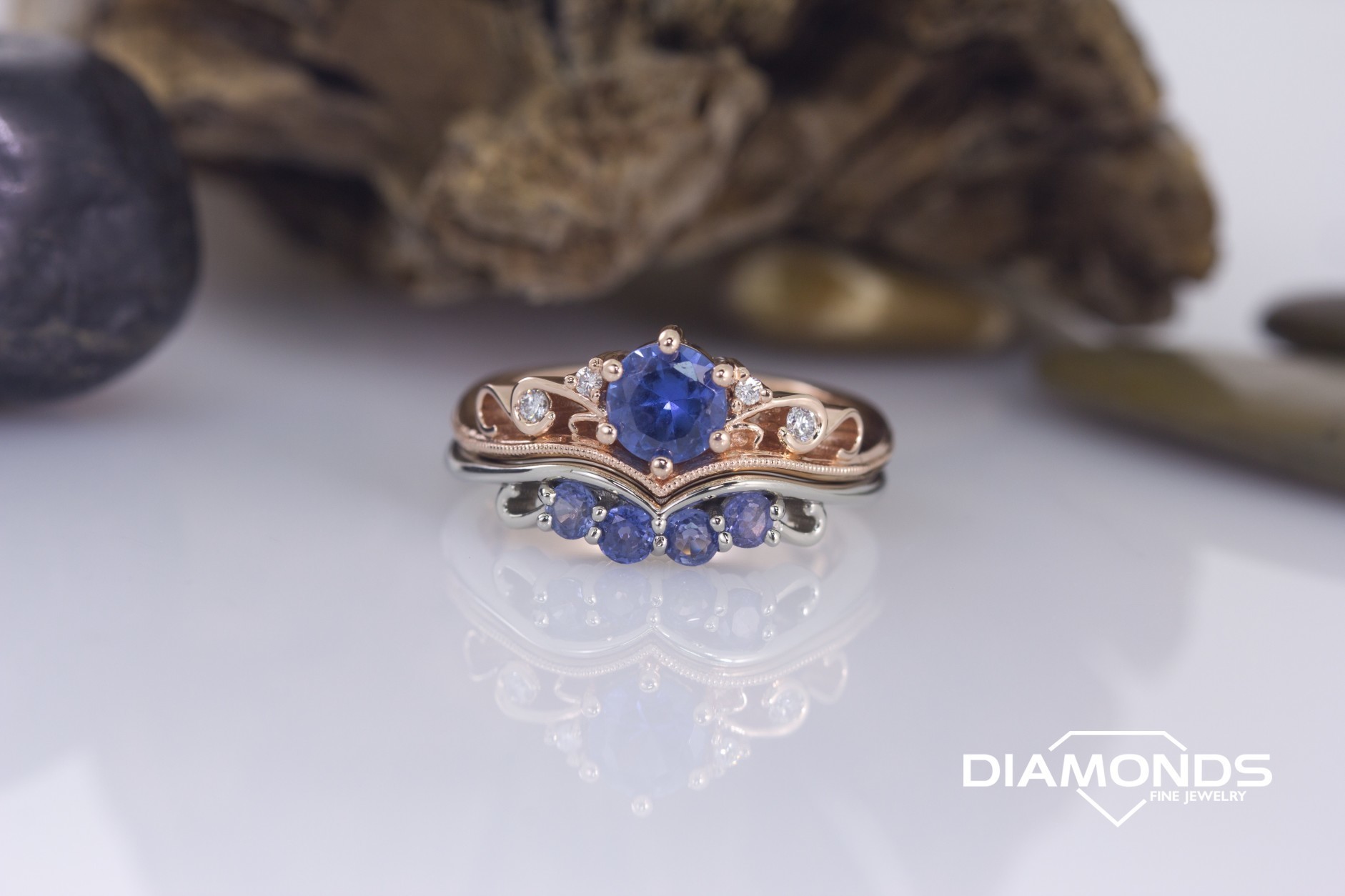 14k, Knox, two tone set, Yogo Sapphire ring