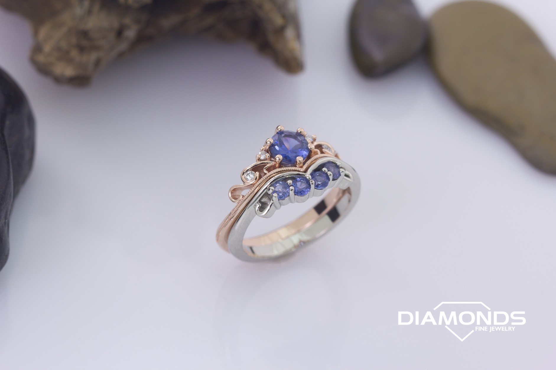 14k, Knox, two tone set, Yogo Sapphire ring