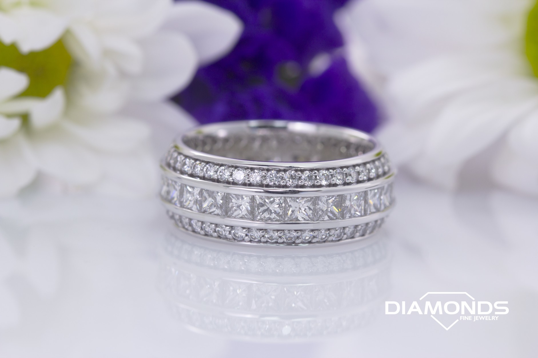 channel set, diamond, domed shank, princess cut, round cut, smooth rail, wide band