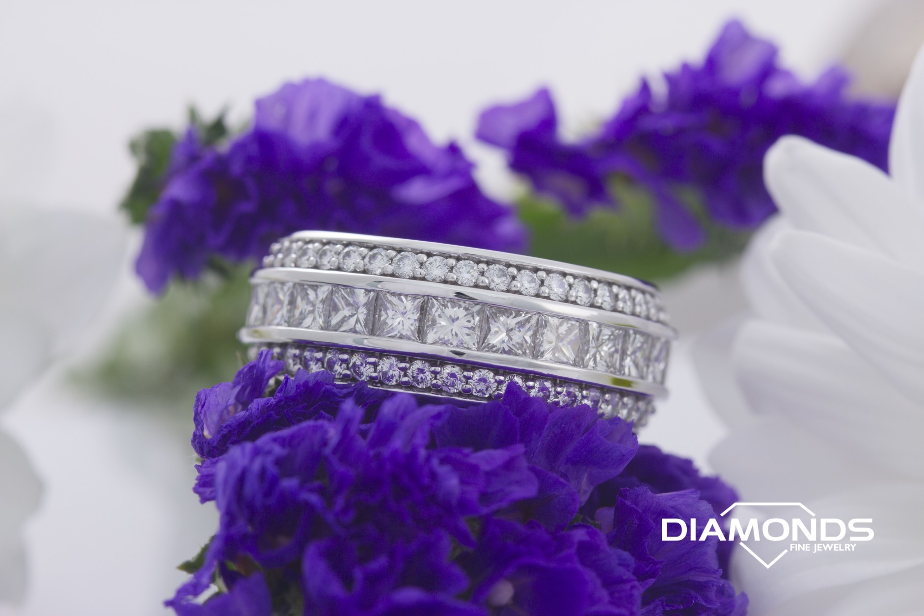 channel set, diamond, domed shank, princess cut, round cut, smooth rail, wide band