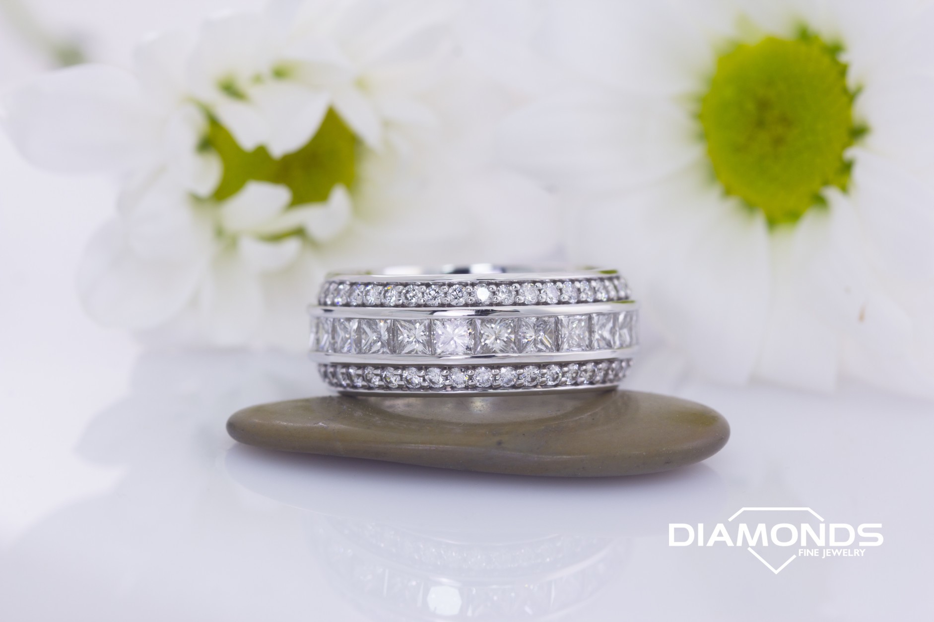channel set, diamond, domed shank, princess cut, round cut, smooth rail, wide band