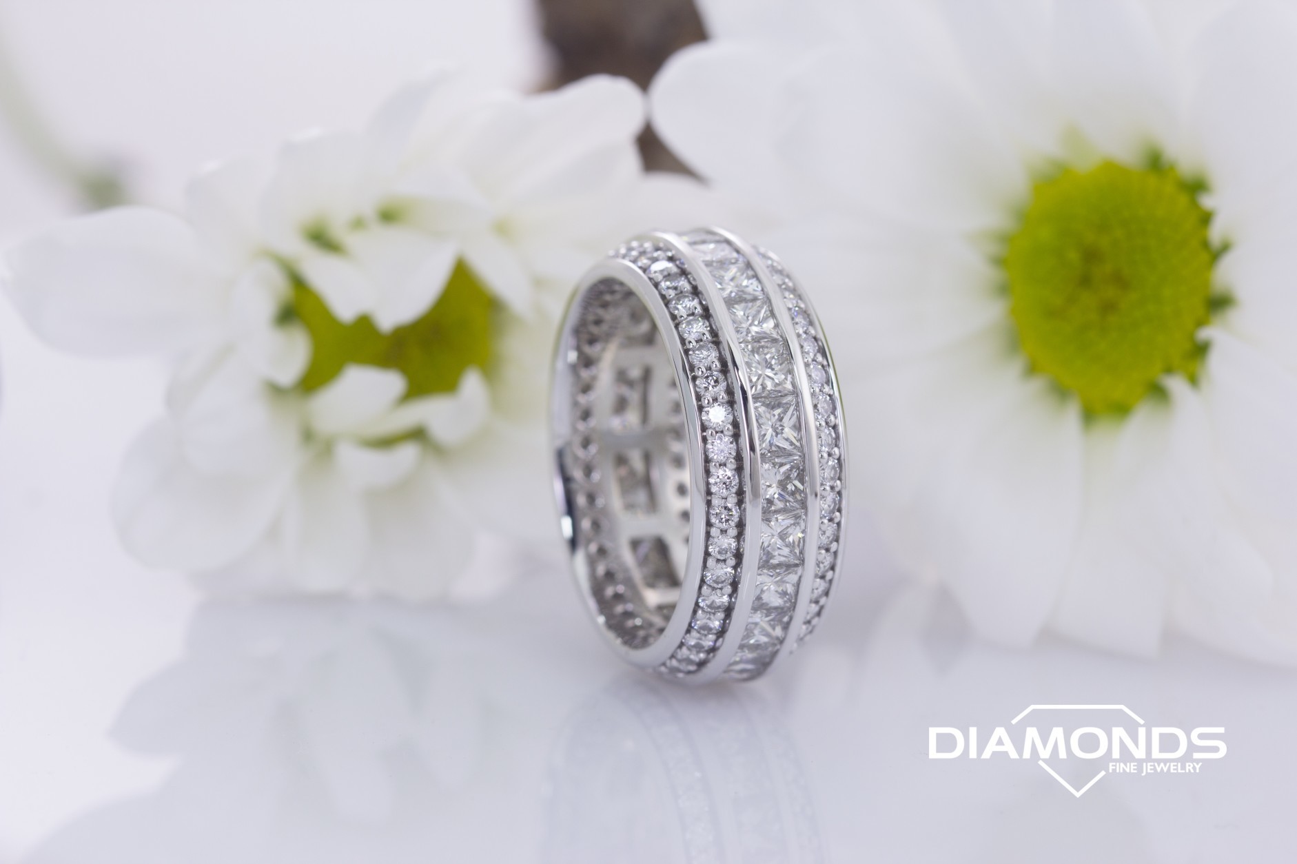 channel set, diamond, domed shank, princess cut, round cut, smooth rail, wide band