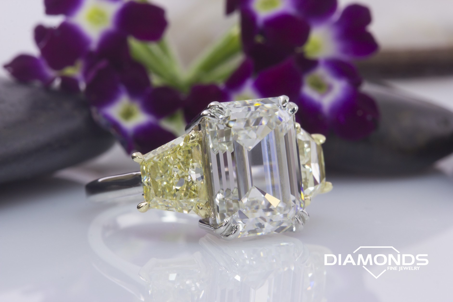 2 tone, 4 prong, diamond, emerald cut, fancy yellow, trapezoid, yellow gold