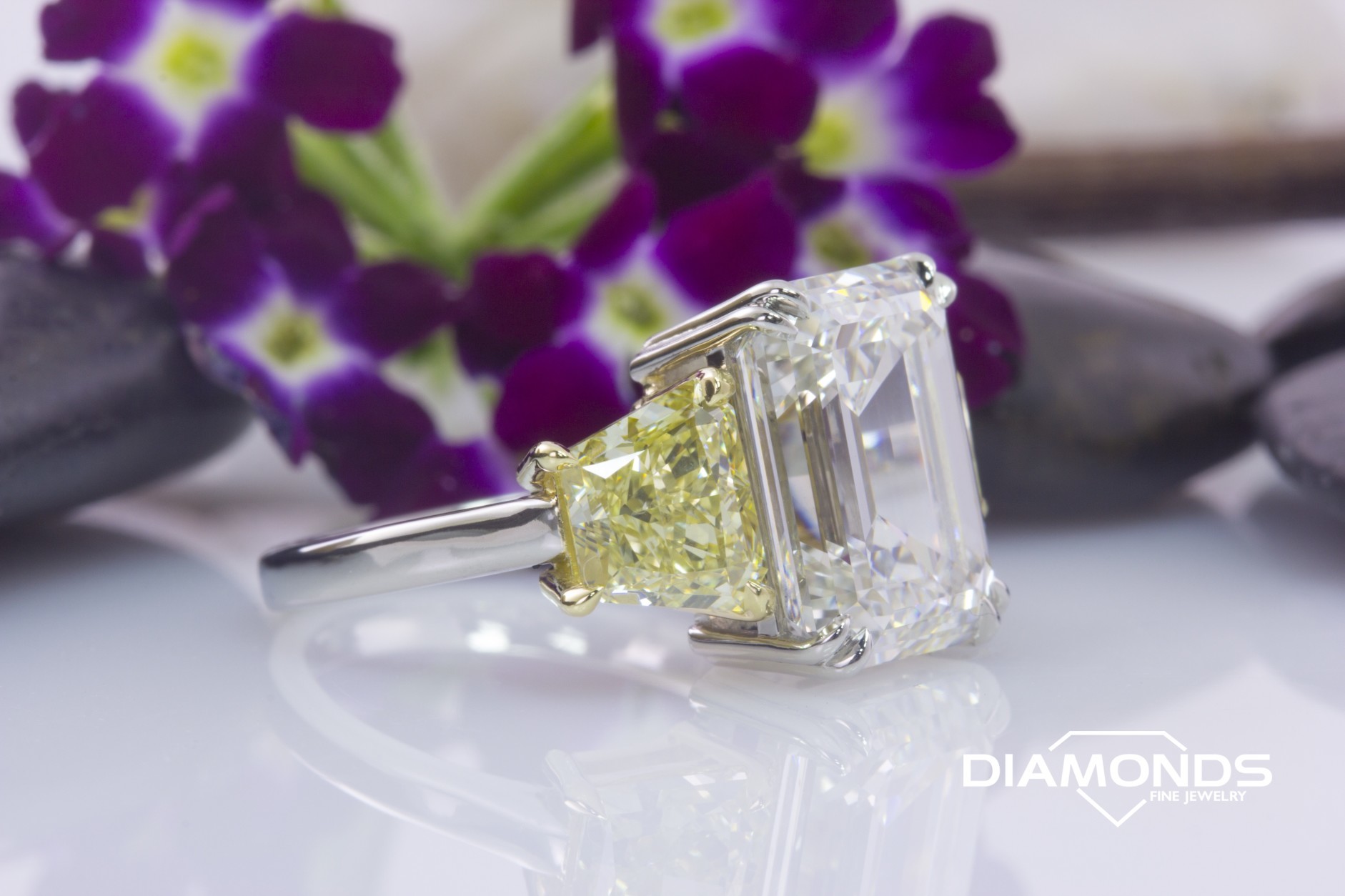 2 tone, 4 prong, diamond, emerald cut, fancy yellow, trapezoid, yellow gold